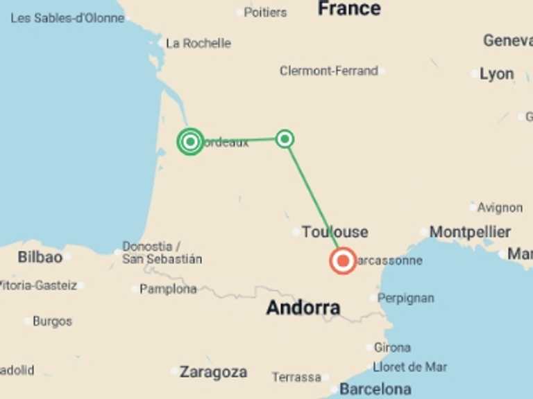 Map itinerary of Europe Tour in April 2027 with 4 destination visits for the trip: A Taste of Southern France  - Bordeaux to Carcassonne
