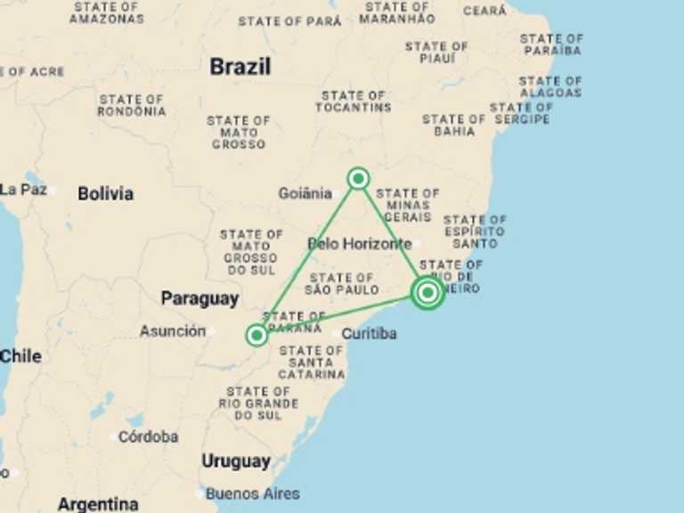 Map of Brazil Tour with 3 destination visits for the trip: Natural Wonders of Brazil - 12 days