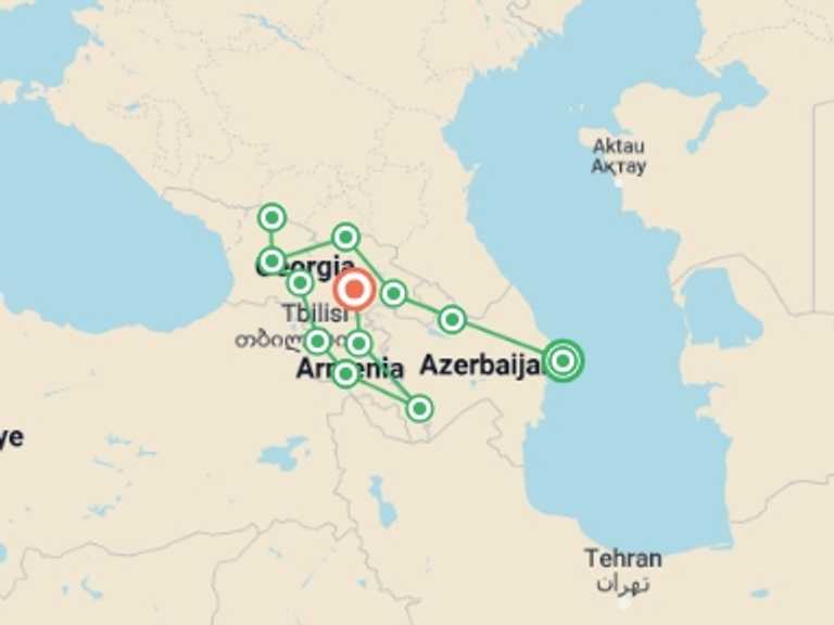 Map of a Overland Journeys Tour with 12 destination visits for the trip: Mountains and Monasteries