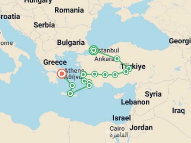 Map of Mediterranean Tour with 10 destination visits for the trip: Great Turkey, Rhodes and Crete End Athens