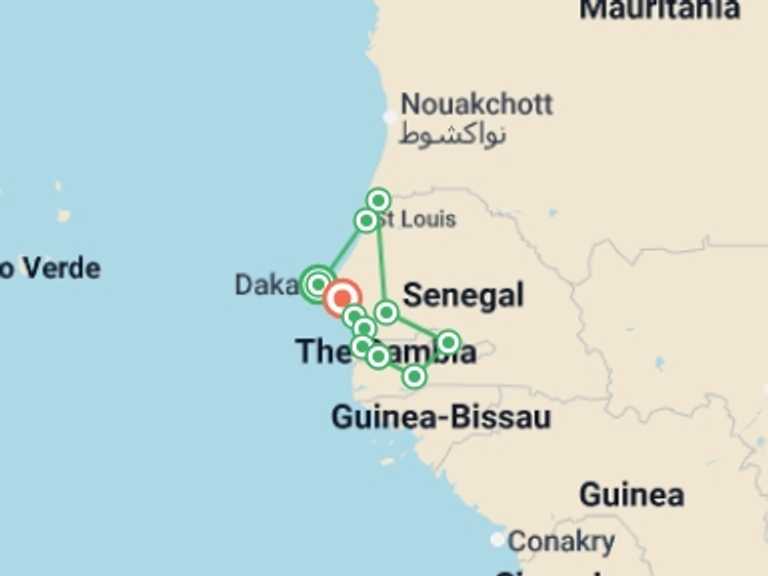 Map itinerary of Africa Tour in Fall with 11 destination visits for the trip: Senegal and The Gambia