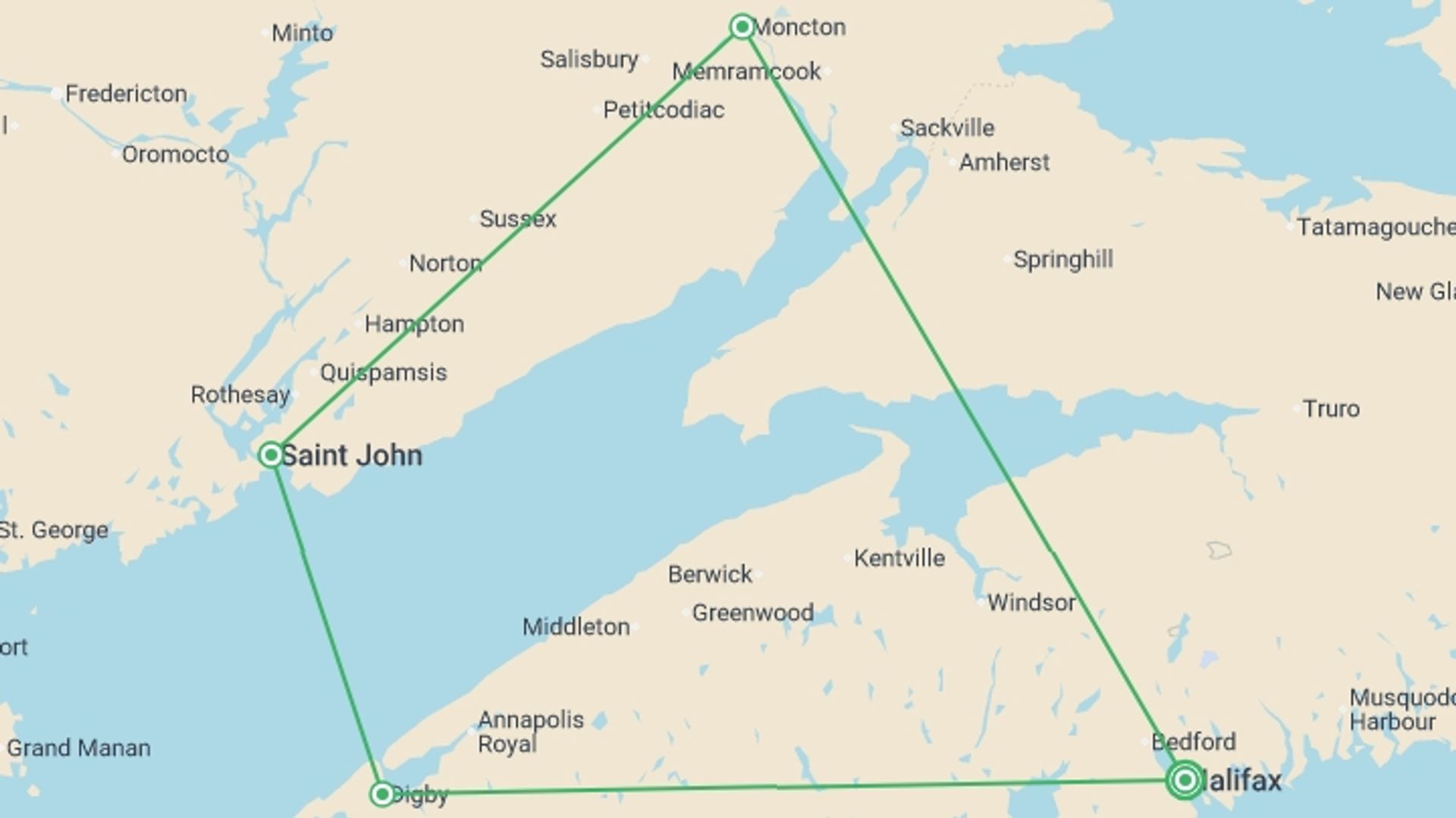 A map showing the tour itinerary for the trip: Best of the Bay of Fundy - 7 days, starting in Halifax, Canada and ending in Halifax, Canada going through 3 other destinations.