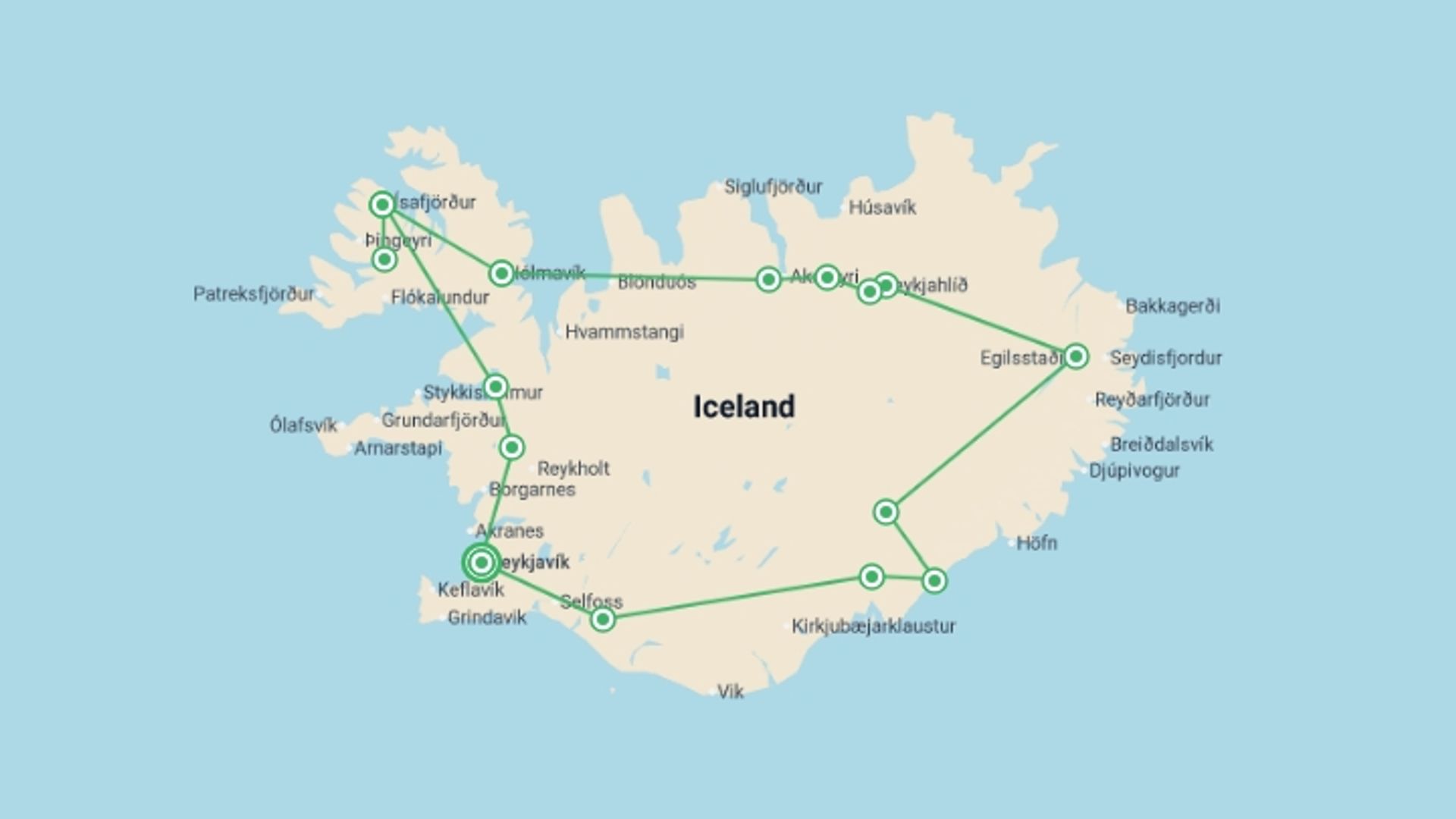 A map showing the tour itinerary for the trip: Iceland Circle, Westfjords & Northern Lights - 12 days, starting in Reykjavik, Iceland and ending in Reykjavik, Iceland going through 7 other destinations.