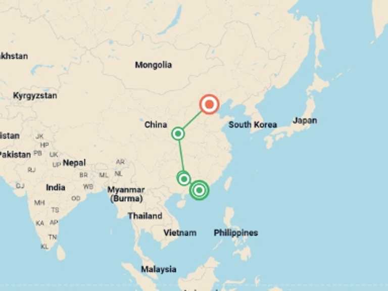 Map of Asia Tour with 6 destination visits for the trip: China Highlights
