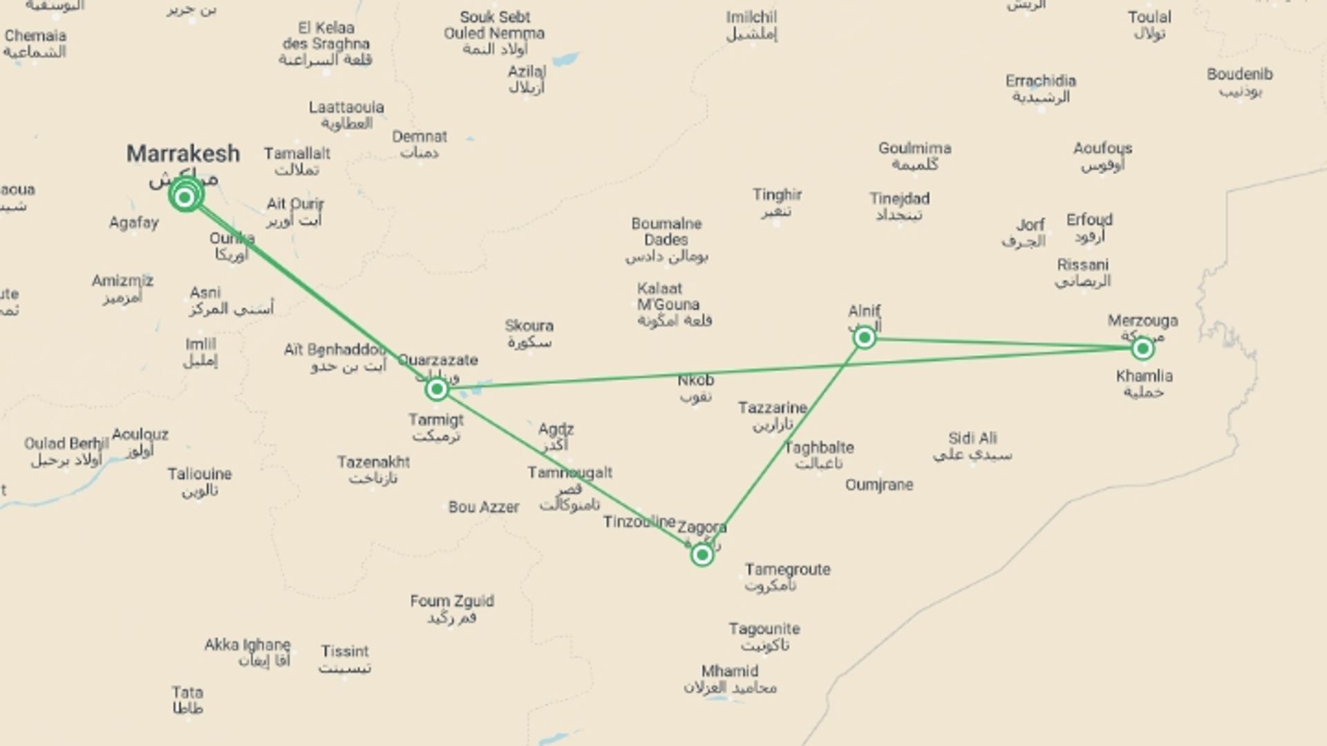 A map showing the tour itinerary for the trip: Atlas Mountains - Tracks Of The Nomads, Spanish-speaking Guide, starting in Marrakech, Morocco and ending in Marrakech, Morocco going through 4 other destinations.