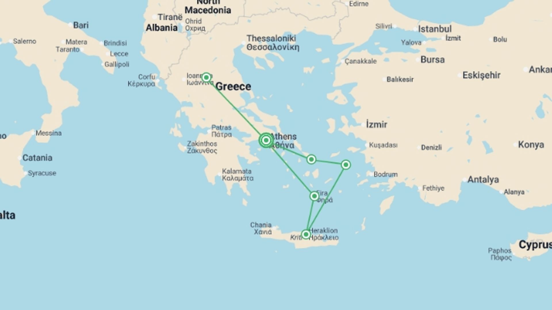 A map showing the tour itinerary for the trip: Athens, Northern Greece and the Beautiful Aegean Ext, starting in Athens, Greece and ending in Athens, Greece going through 3 other destinations.