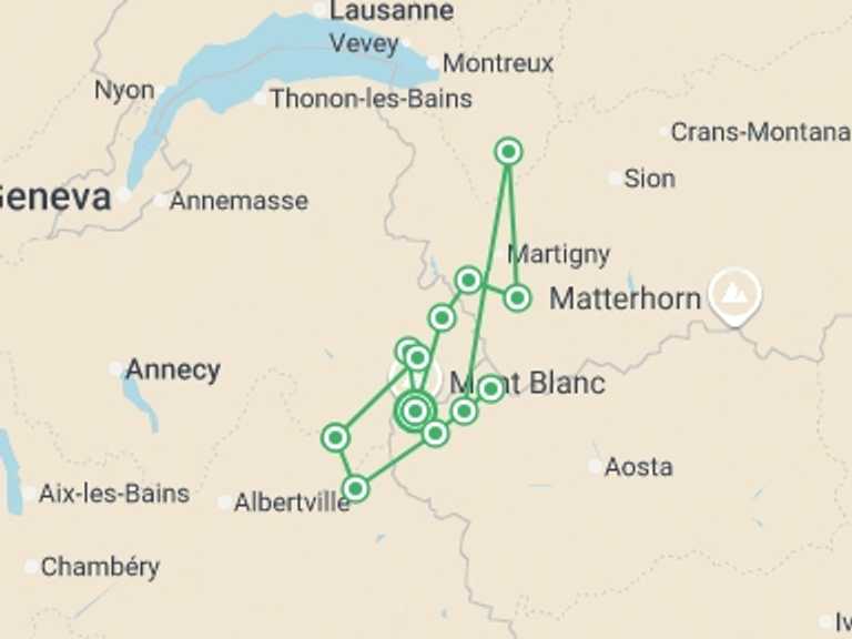 Map of 15-Day Europe Tour with 12 destination visits for the trip: Tour du Mont Blanc Camping Trek