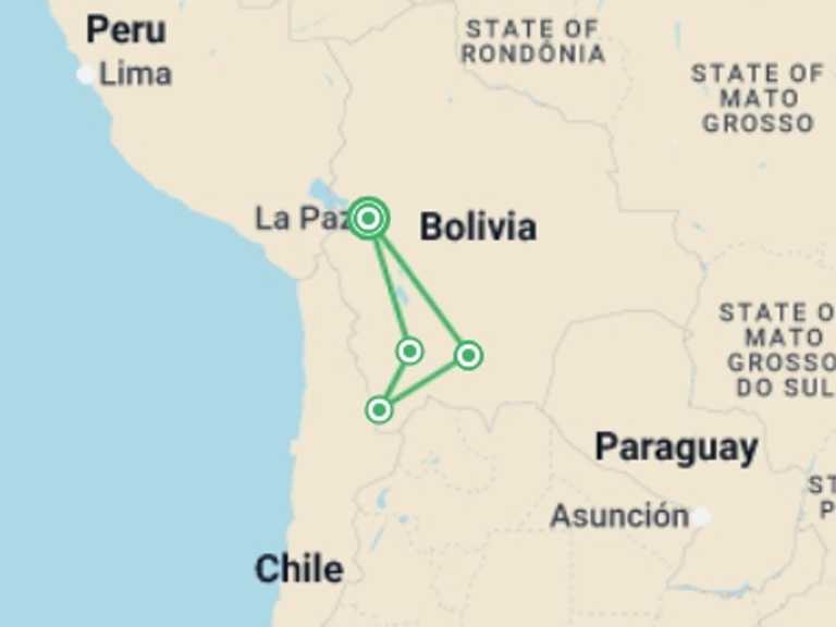 Map of Uyuni Natural landmarks sightseeing Tour with 4 destination visits for the trip: Essential Bolivia
