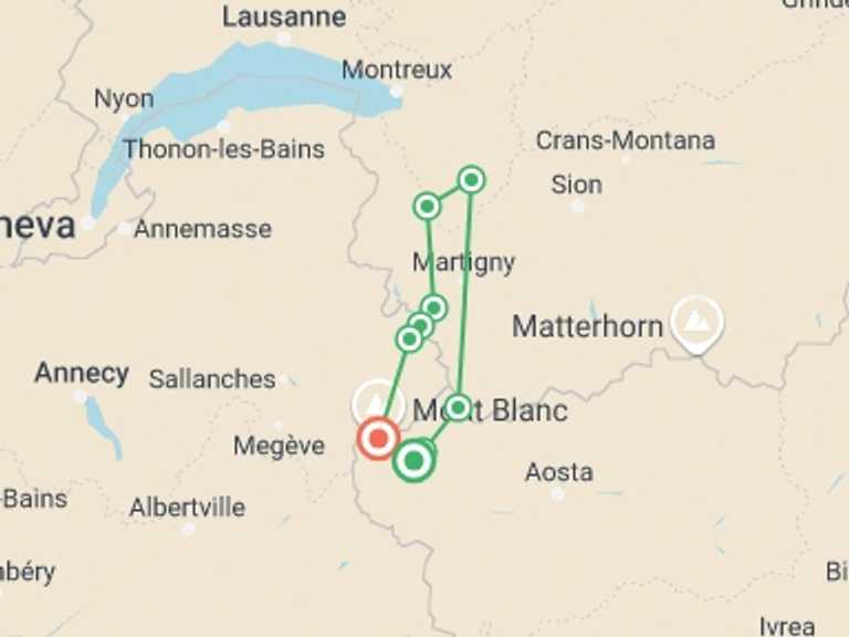 Map of Courmayeur Tour with 11 destination visits for the trip: Mont Blanc Family Guided Hike From Italy