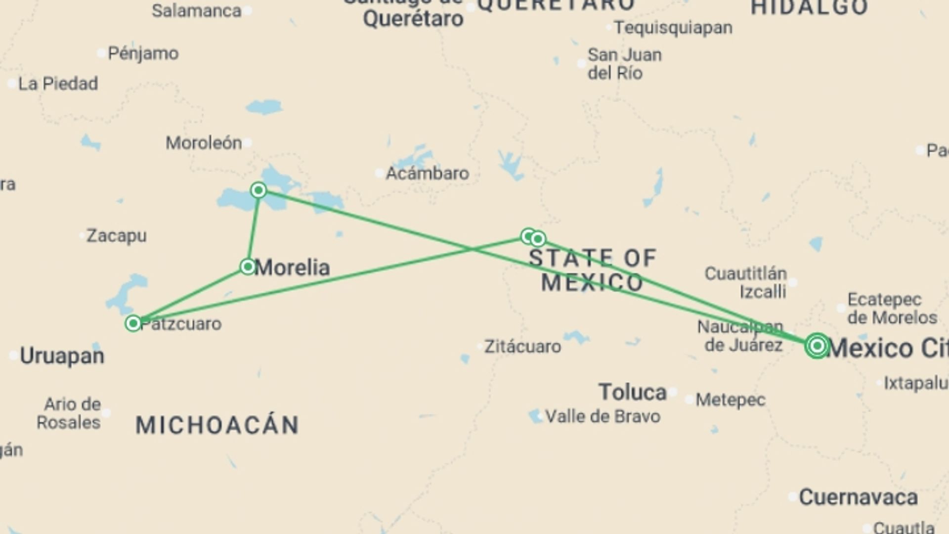 A map showing the tour itinerary for the trip: Mexico City and the Heart of Michoacán, starting in Mexico City, Mexico and ending in Mexico City, Mexico going through 1 other destinations.