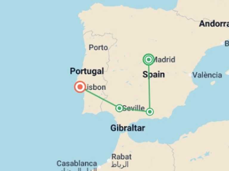 Map of Mediterranean Tour with 4 destination visits for the trip: South of Spain with Lisbon (without Alhambra)