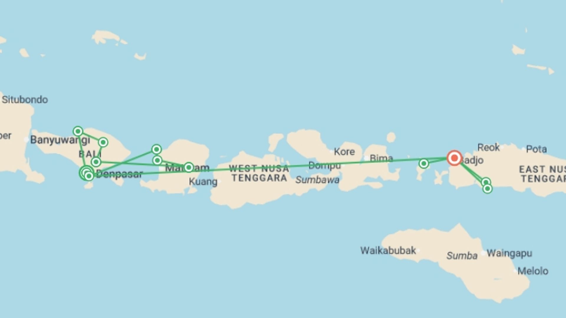 A map showing the tour itinerary for the trip: Bali, Lombok, Gili & Flores: The Island Sampler, starting in Canggu, Indonesia and ending in Labuan Bajo, Indonesia going through 10 other destinations.