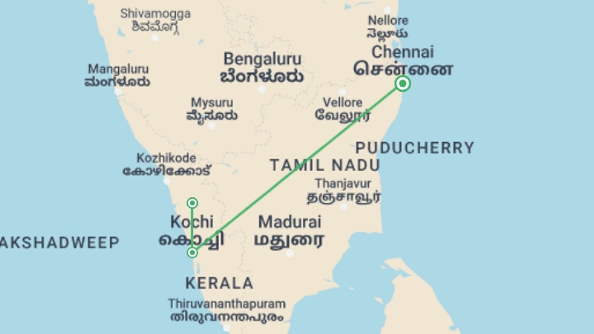 A map showing the tour itinerary for the trip: South India Heritage by Bicycle, starting in Chennai, India and ending in Chennai, India going through 2 other destinations.