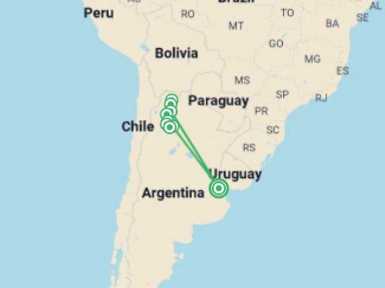 Map of 12-Day South America Tour with 5 destination visits for the trip: North Argentina Highlights - 12 days