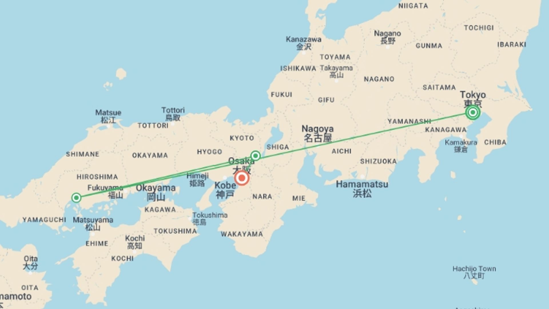 A map showing the tour itinerary for the trip: Japan Express, starting in Tokyo, Japan and ending in Osaka, Japan going through 2 other destinations.