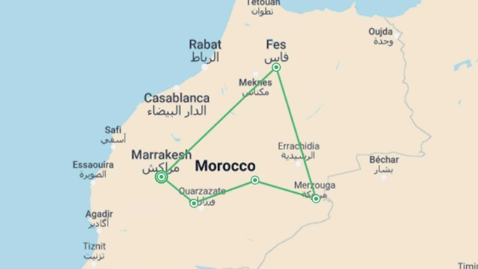 A map showing the tour itinerary for the trip: Highlights of Morocco, starting in Marrakech, Morocco and ending in Marrakech, Morocco going through 4 other destinations.