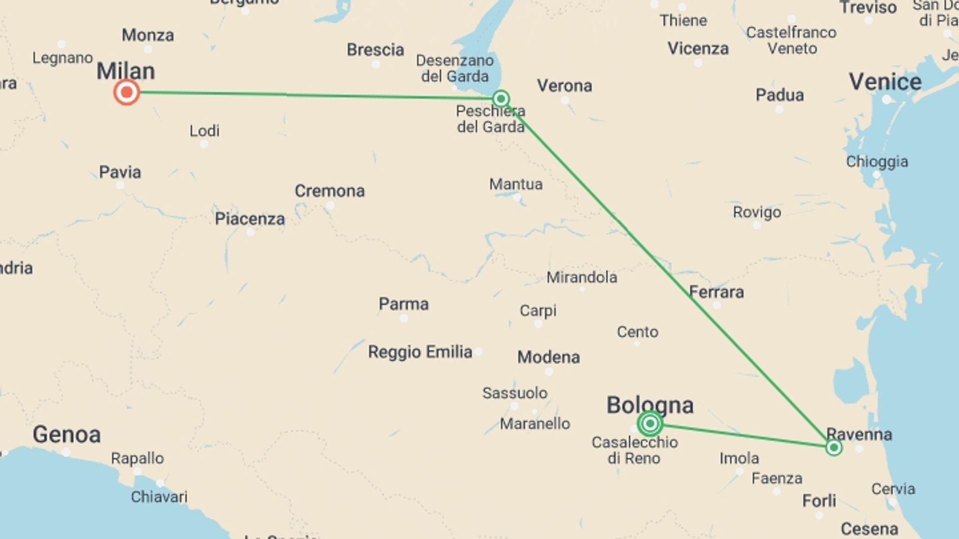 A map showing the tour itinerary for the trip: Hidden Treasures of Northern Italy, starting in Bologna, Italy and ending in Milan, Italy going through 2 other destinations.