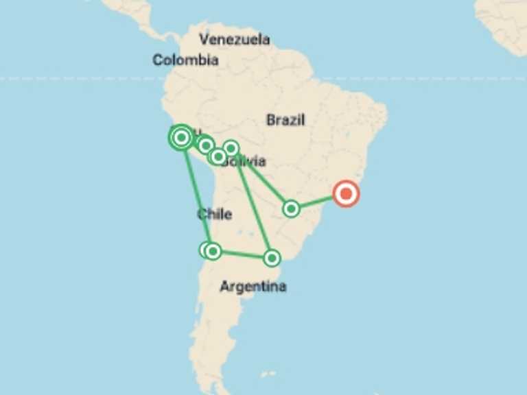 Map of a Local culture Tour with 13 destination visits for the trip: Grand South America