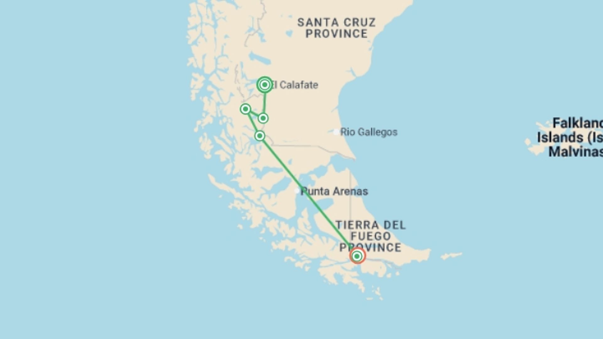 A map showing the tour itinerary for the trip: Torres del Paine and Ushuaia Adventure 9D/8N, starting in El Calafate, Argentina and ending in Ushuaia, Argentina going through 4 other destinations.