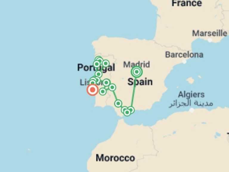 Map of Fátima City sightseeing Tour with 8 destination visits for the trip: Andalusia and Portugal completely