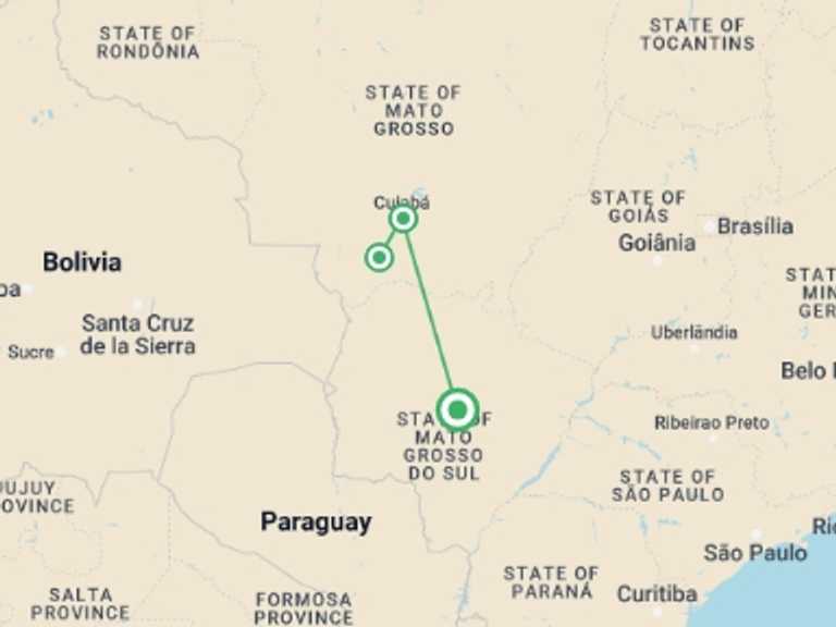 Map of a Kayaking and canoeing Tour with 4 destination visits for the trip: Pantanal Wildlife Experience