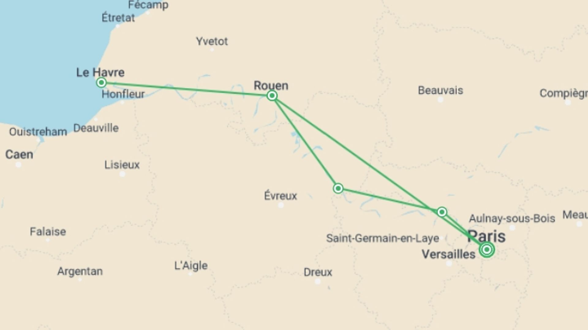 A map showing the tour itinerary for the trip: Magical Seine Cruise, starting in Paris, France and ending in CONFLANS-SAINTE-HONORINE, CONFLANS-SAINTE-HONORINE going through 4 other destinations.