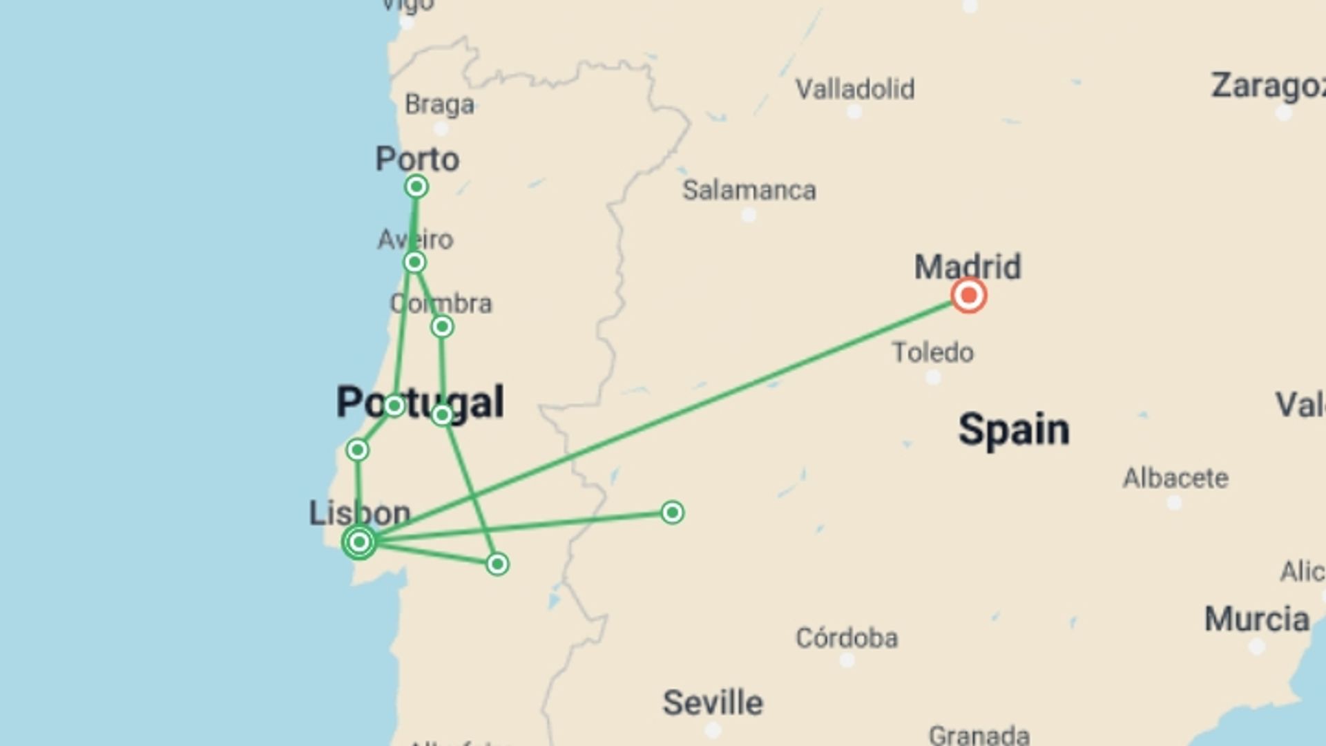 A map showing the tour itinerary for the trip: Portugal Explorer, starting in Lisbon, Portugal and ending in Lisbon, Portugal going through 4 other destinations.