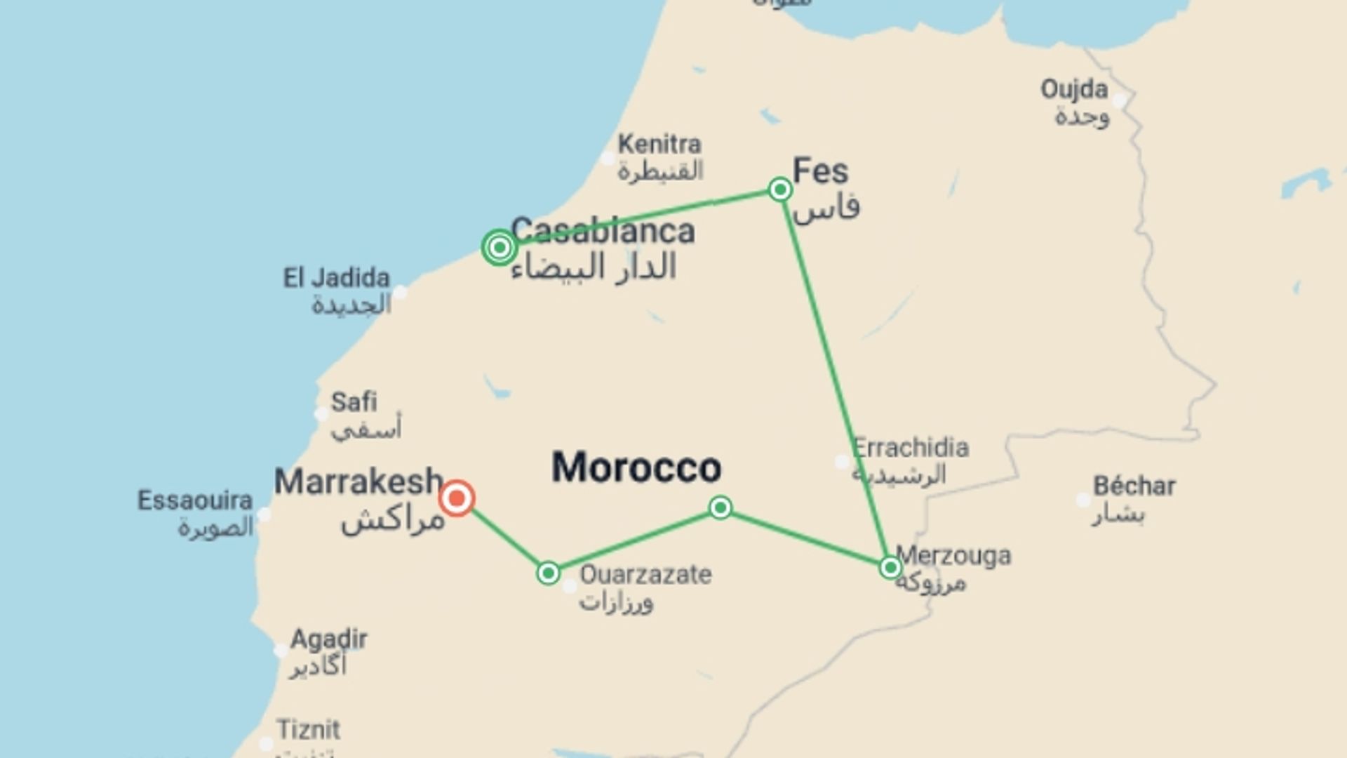 A map showing the tour itinerary for the trip: Classic Morocco, starting in Casablanca, Morocco and ending in Marrakech, Morocco going through 4 other destinations.