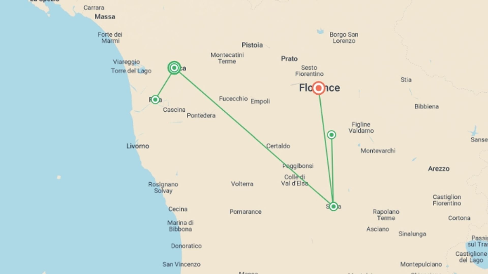 A map showing the tour itinerary for the trip: Tuscany Highlights, Semi-private Tour, starting in Lucca, Italy and ending in Florence, Italy going through 1 other destinations.