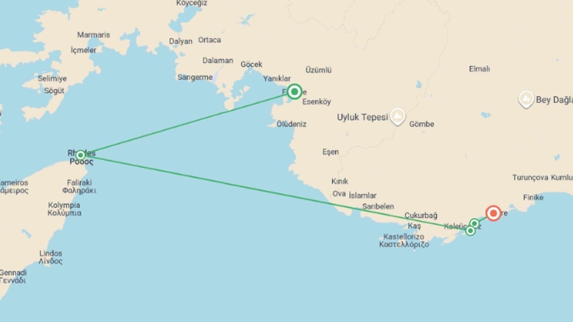 A map showing the tour itinerary for the trip: Fethiye to Demre Cruise - 4 days, starting in Fethiye, Turkey and ending in Demre, Turkey going through 3 other destinations.