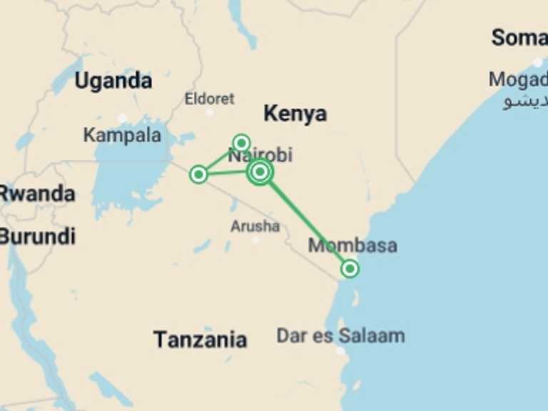 Map of 9-Day Nairobi Tour with 8 destination visits for the trip: JAMBO PACK SAFARI