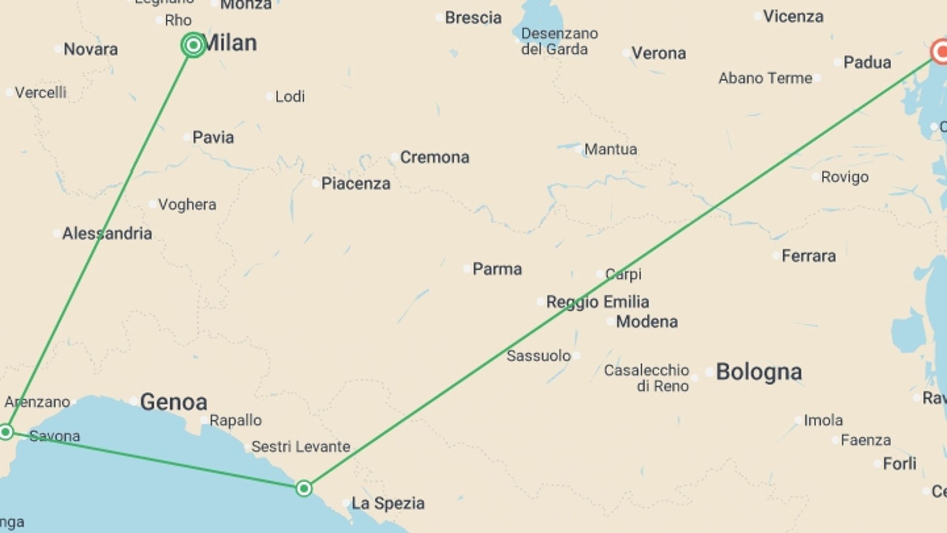 A map showing the tour itinerary for the trip: Highlights of Northern Italy: Small Group Tour, starting in Milan, Italy and ending in Venice, Italy going through 2 other destinations.