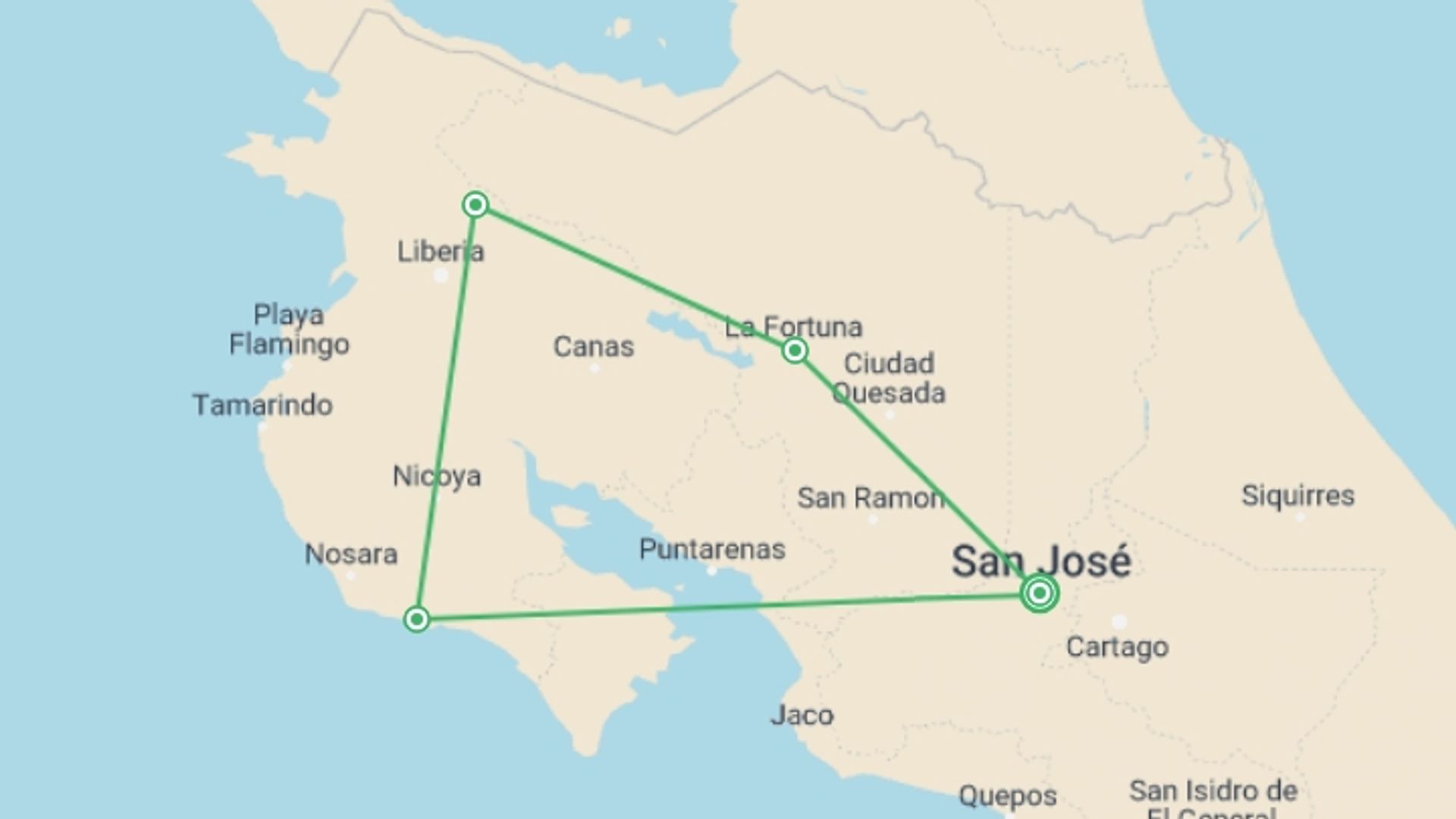 A map showing the tour itinerary for the trip: Wellness Costa Rica, starting in San Jose, Costa Rica and ending in San Jose, Costa Rica going through 3 other destinations.
