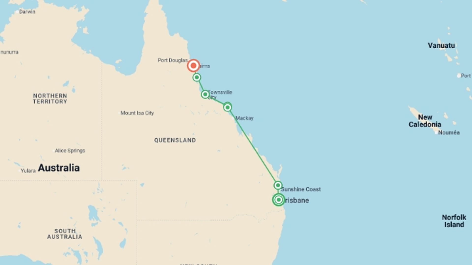 A map showing the tour itinerary for the trip: Essential Brisbane to Cairns, starting in Brisbane, Australia and ending in Cairns, Australia going through 5 other destinations.