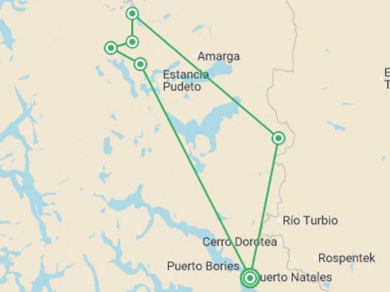 Map of Puerto Natales Trekking and Hiking Tour with 6 destination visits for the trip: Patagonia: Torres del Paine Full O Circuit