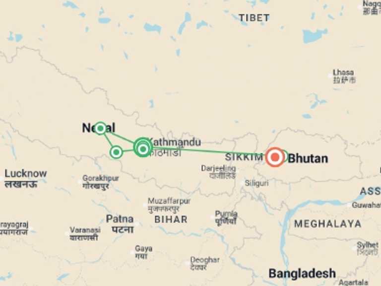 Map itinerary of Asia Tour in July 2026 with 6 destination visits for the trip: Kathmandu to Paro - 10 days
