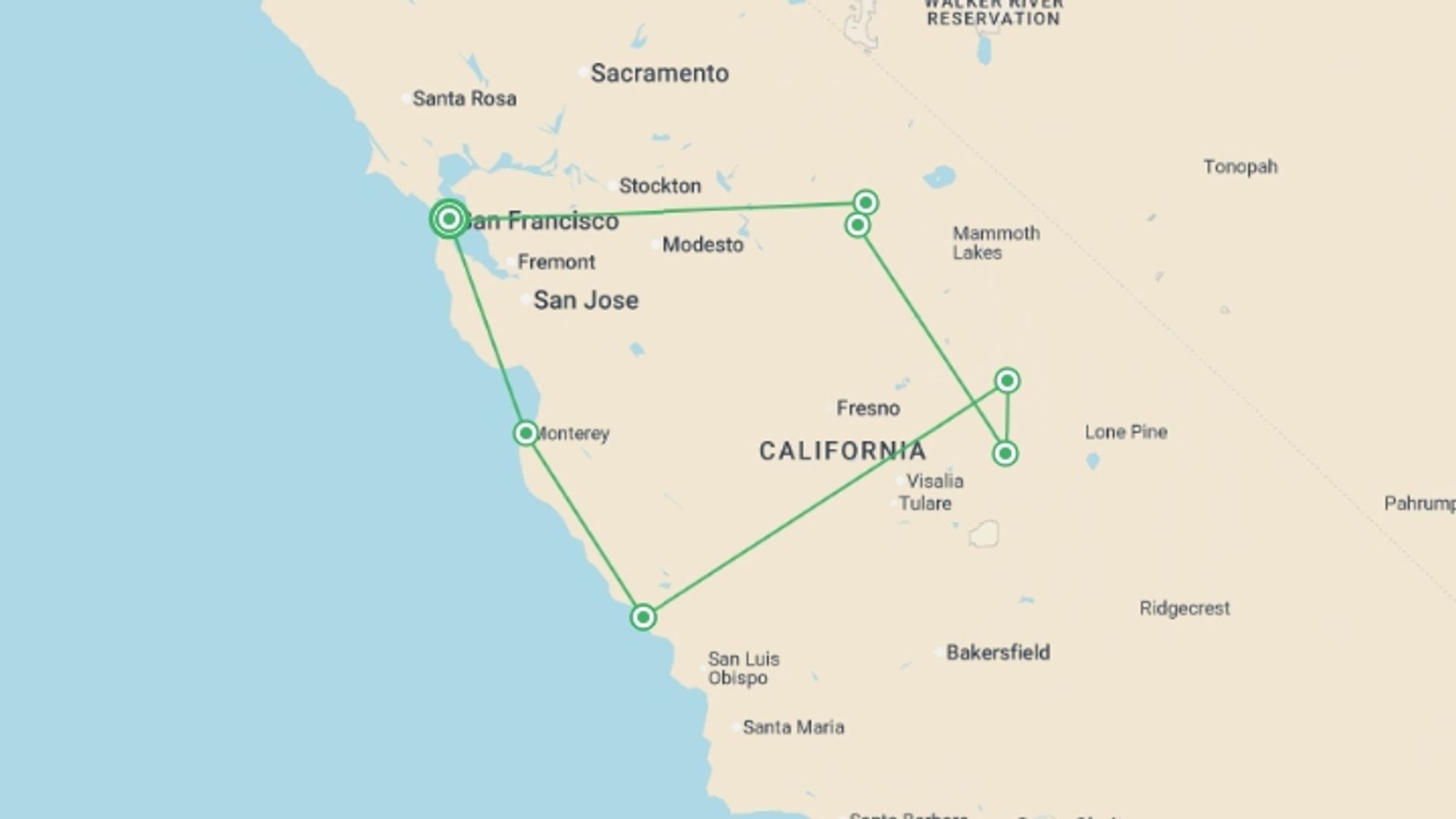 A map showing the tour itinerary for the trip: Wild California Explorer - 8 days, starting in San Francisco, USA and ending in San Francisco, USA going through 5 other destinations.
