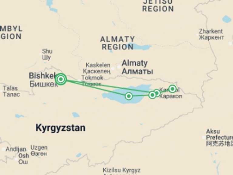 Map itinerary of Bishkek Tour in May 2026 with 5 destination visits for the trip: Kyrgyzstan: Trekking the Tien Shan Trails