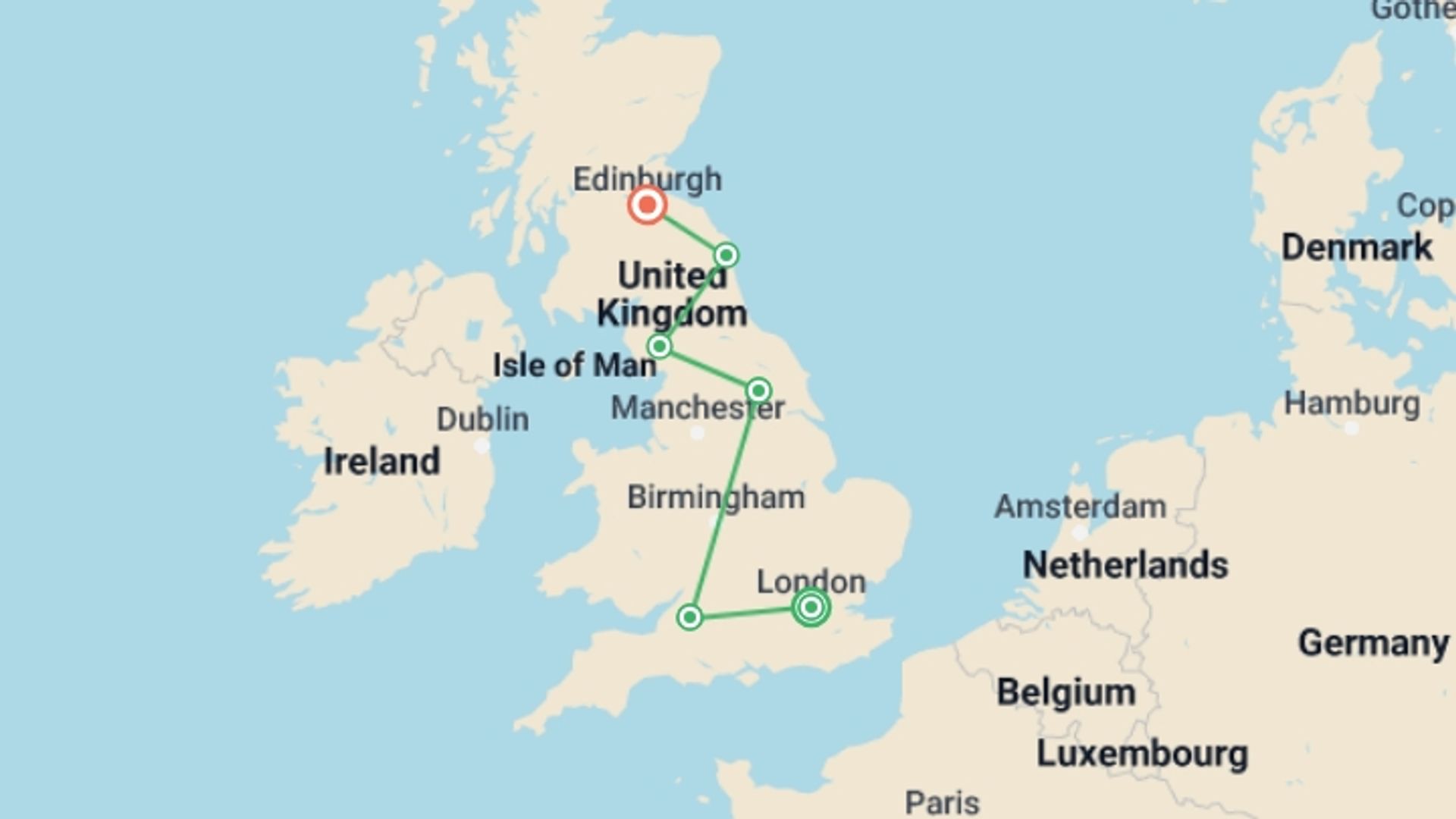 A map showing the tour itinerary for the trip: British Royale, starting in London, England and ending in Edinburgh, Scotland going through 0 other destinations.