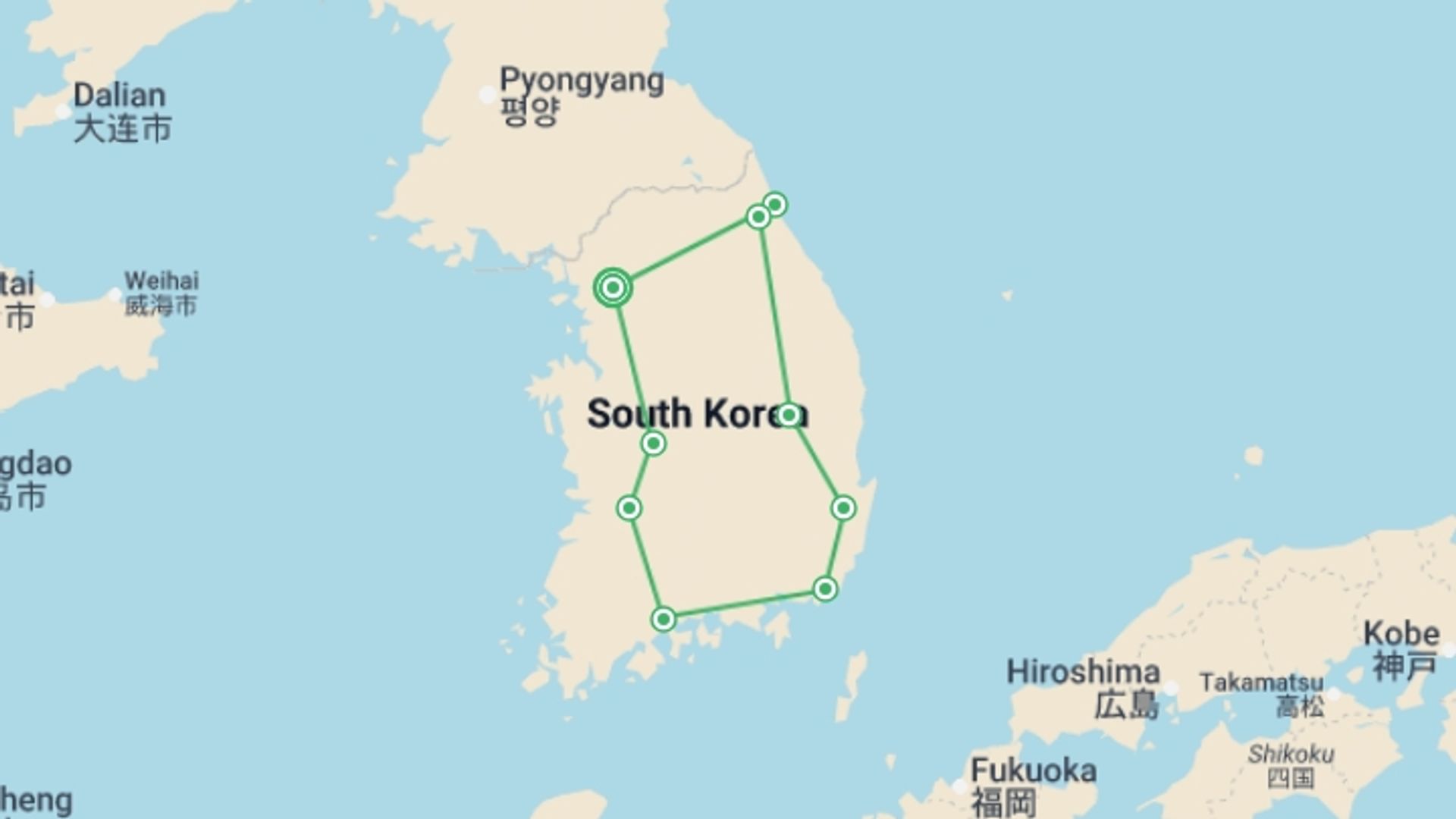 A map showing the tour itinerary for the trip: Premium South Korea Small Group Tour, starting in Seoul, South Korea and ending in Seoul, South Korea going through 8 other destinations.