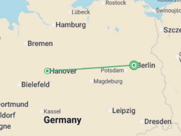 Map itinerary of Europe Tour in Summer with 2 destination visits for the trip: Northern Germany with Berlin