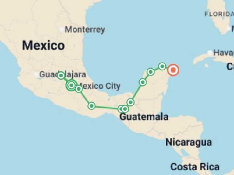 Map itinerary of Mexico Tour in February 2027 with 11 destination visits for the trip: Mexican Roots and Routes
