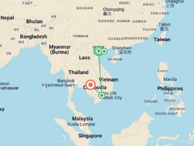 Map of Hanoi Local boat rides Tour with 6 destination visits for the trip: Vietnam And Cambodia At A Glance