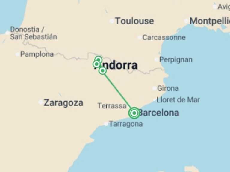 Map itinerary of Mediterranean Tour in August 2026 with 4 destination visits for the trip: Family Pyrenees Multi-Activity Adventure