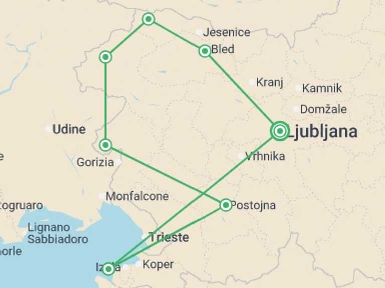 Map itinerary of Mediterranean Tour in August 2027 with 7 destination visits for the trip: Cycle Slovenia