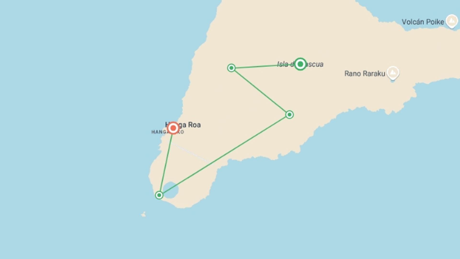 A map showing the tour itinerary for the trip: Easter Island Experience 4D/3N, starting in Easter Island, Chile and ending in Hanga Roa, Chile going through 3 other destinations.