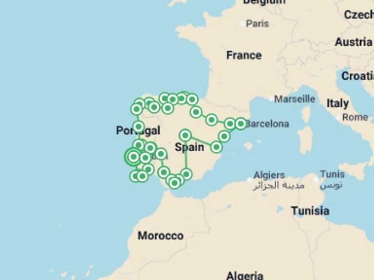 Map of Europe Tour with 13 destination visits for the trip: Iberian Circuit
