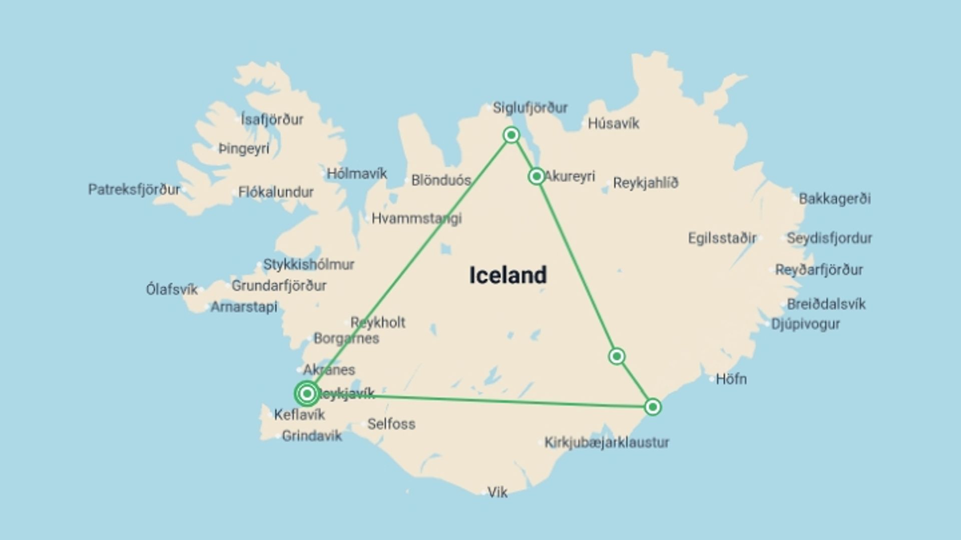 A map showing the tour itinerary for the trip: Iceland: Lagoons & Lava Fields, starting in Reykjavik, Iceland and ending in Reykjavik, Iceland going through 2 other destinations.