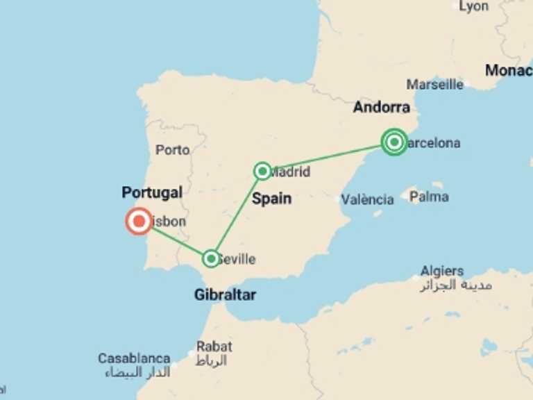 Map itinerary of Europe Tour in June 2026 with 5 destination visits for the trip: Great Iberian Cities