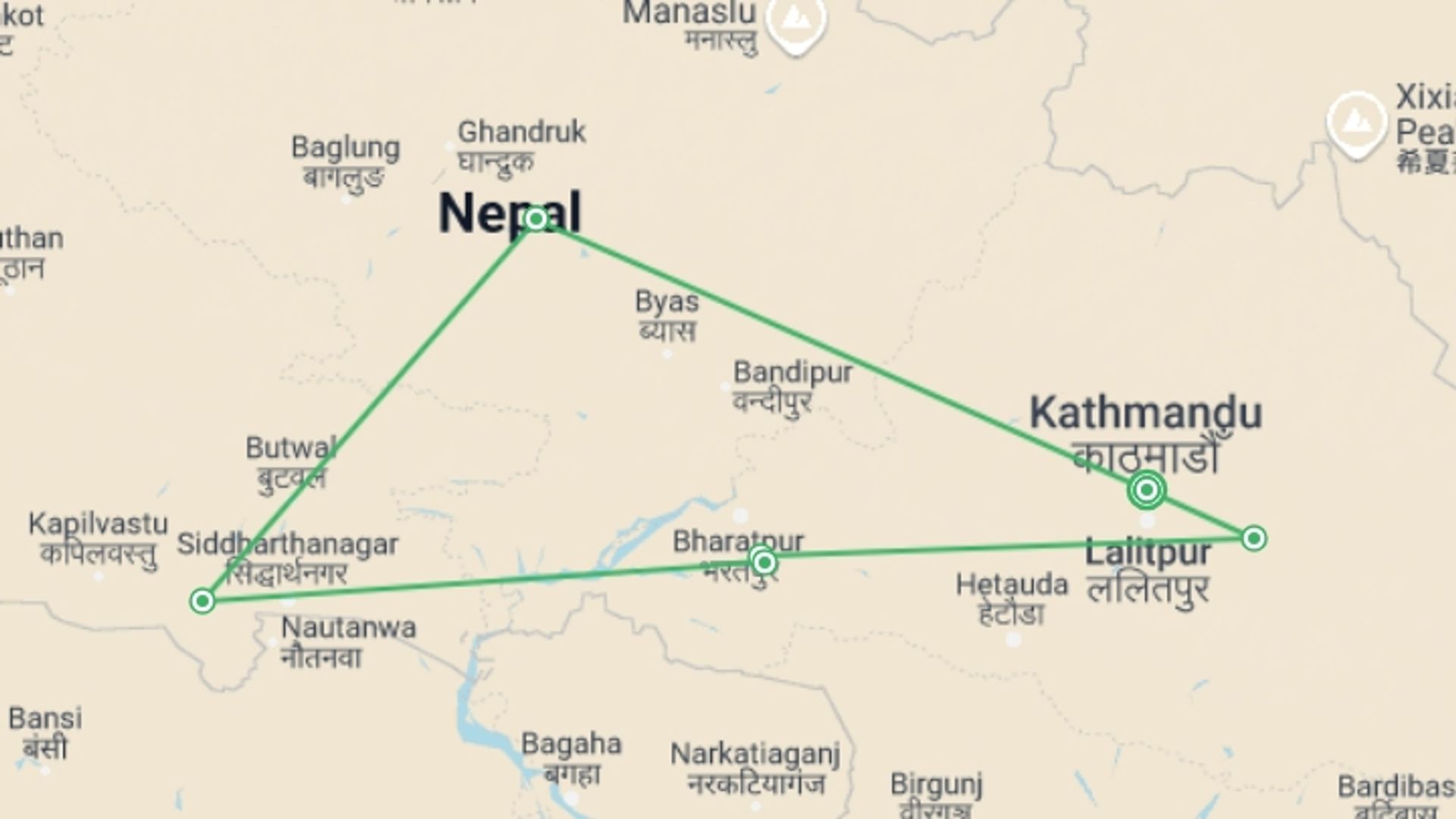 A map showing the tour itinerary for the trip: Nepal Cultural Highlights Roundtrip, starting in Kathmandu, Nepal and ending in Kathmandu, Nepal going through 5 other destinations.